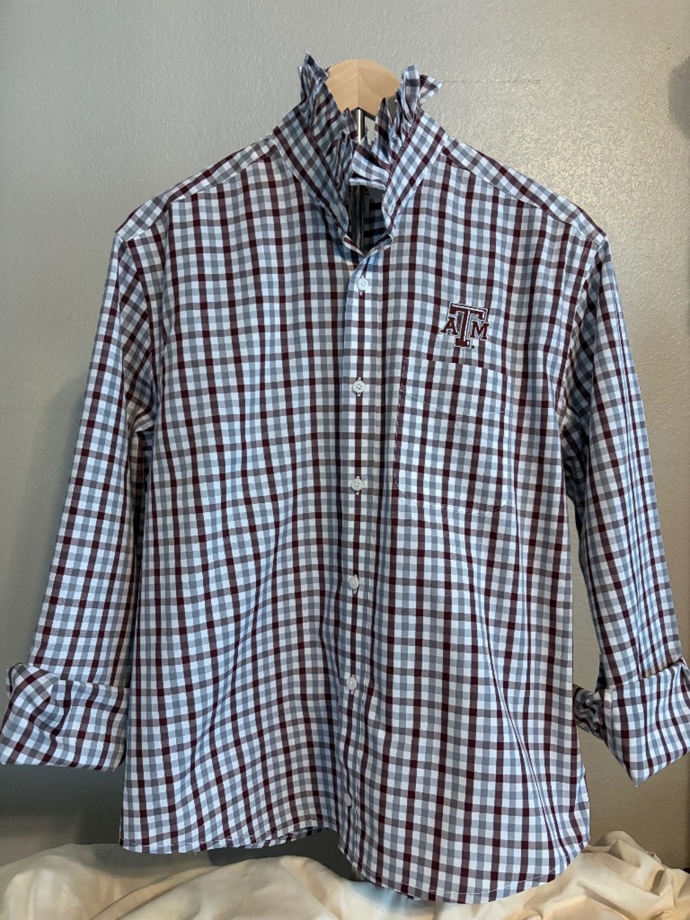 Texas A & M upcycled button up shirt.